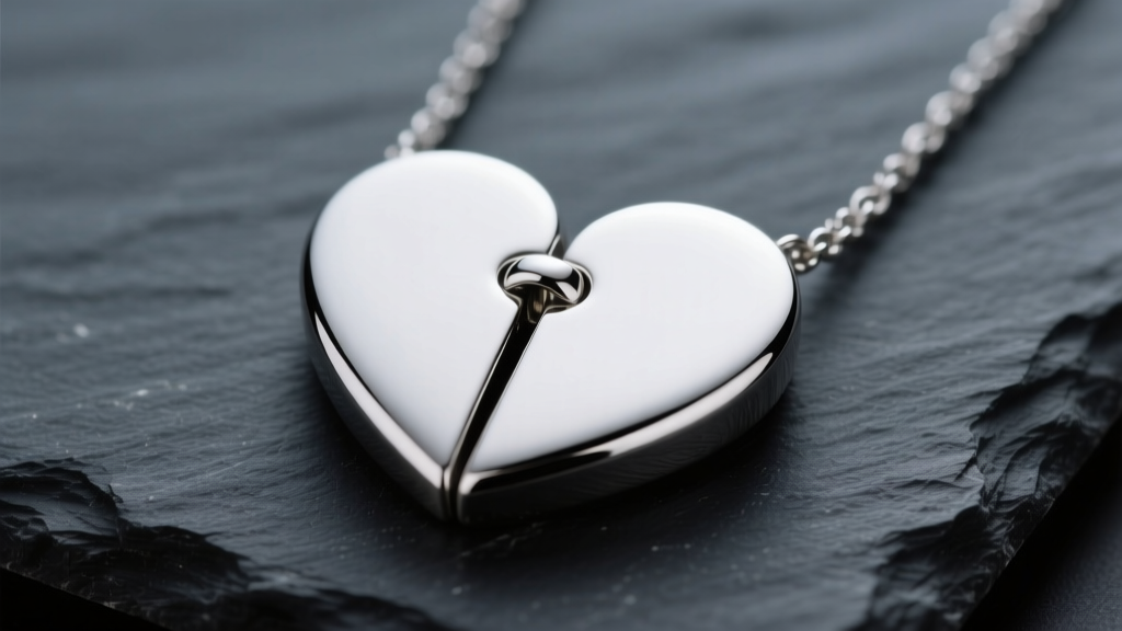Close-up of a polished stainless steel heart magnetic necklace on dark slate, highlighting the seamless magnetic joint in soft light