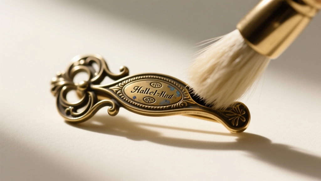 Soft goat-hair brush gently dusting recessed crevices of a vintage brass corsage pin to preserve delicate stamped hallmarks