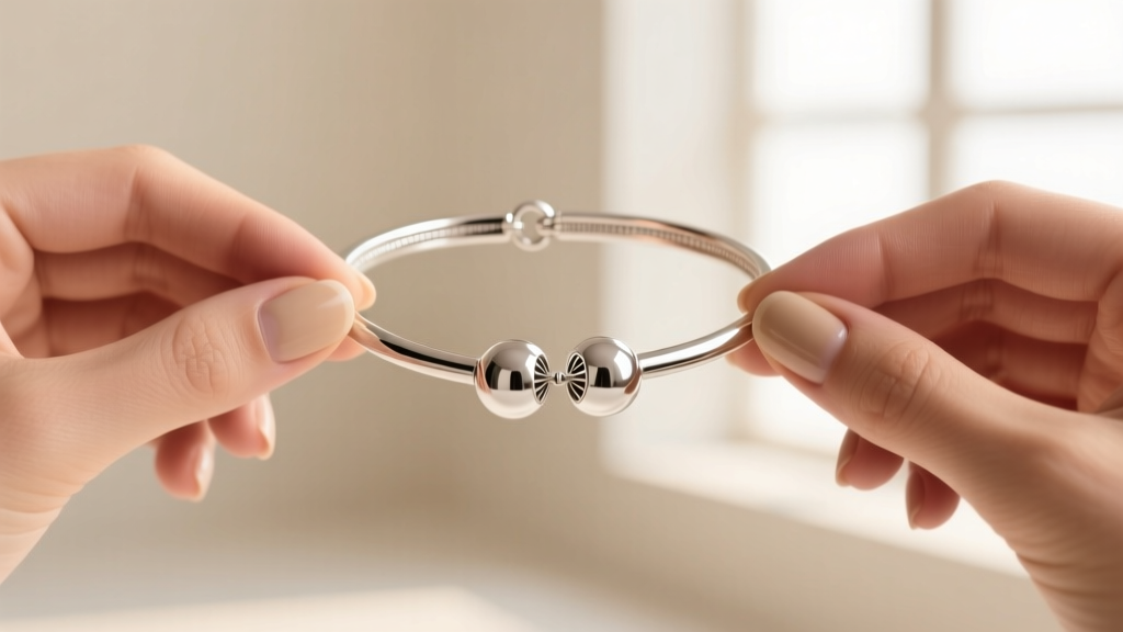 Hands pulling apart the spherical terminals of a 3mm sterling silver open choker, demonstrating the proper fitting technique.