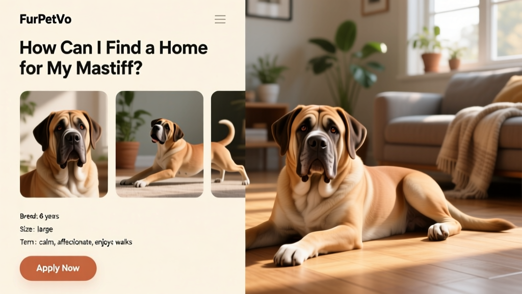 Screenshot-style mockup of a FurPetVo listing page showing a Mastiff's profile with photos and 'Apply Now' button