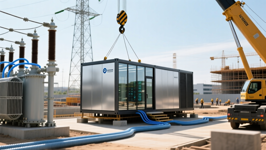 Prefabricated modular data center unit being craned next to high-voltage transformers at an active commercial construction site