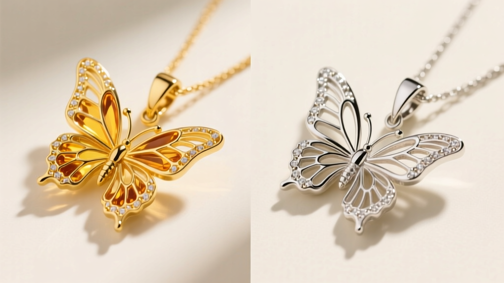 Side-by-side comparison of a yellow gold and platinum butterfly pendant, showing the distinct warm and cool metal reflections.