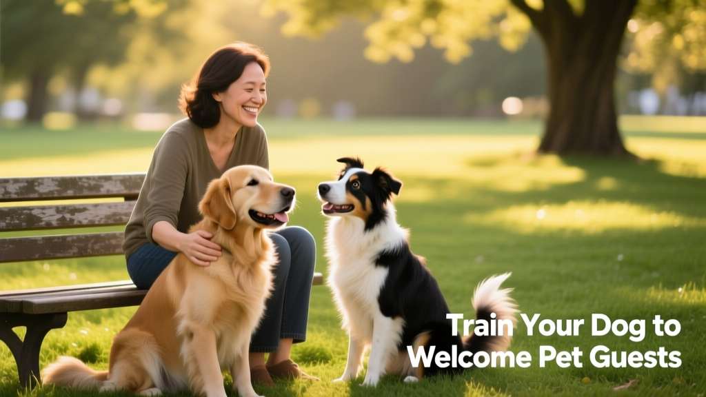 Happy dog owner smiling while watching their relaxed dog sit beside a friendly visiting dog on a grassy park bench