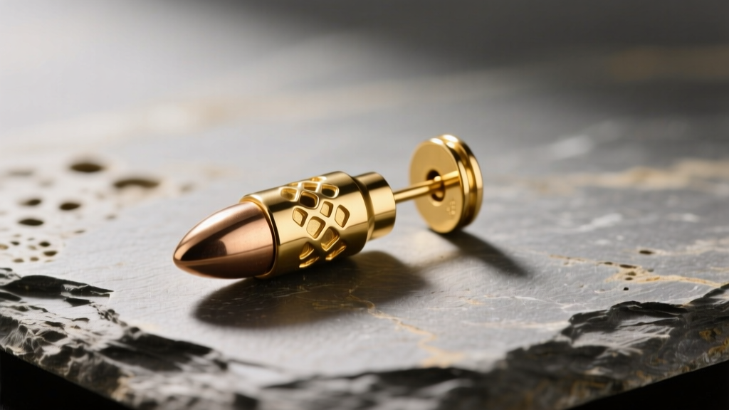 Macro shot of a 14k gold bullet to the bone earring on slate, showing porous bone texture and ballistic casing in studio light