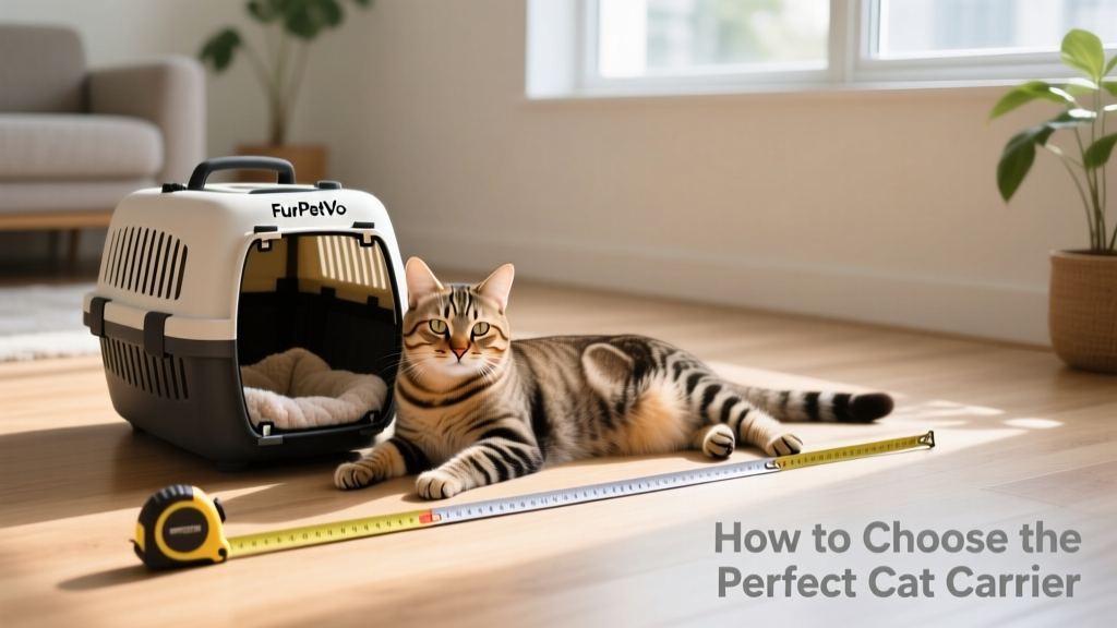 Measuring tape next to a relaxed cat lying beside a FurPetVo carrier to demonstrate proper sizing