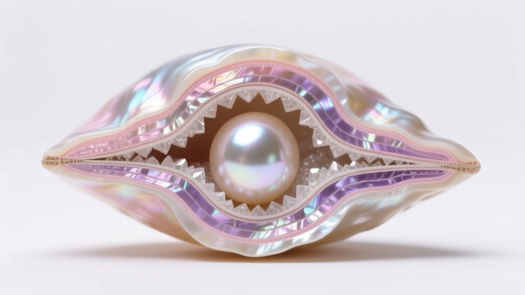 Detailed cross-section diagram of a saltwater pearl showing thick nacre layers over a bead nucleus in soft studio lighting.