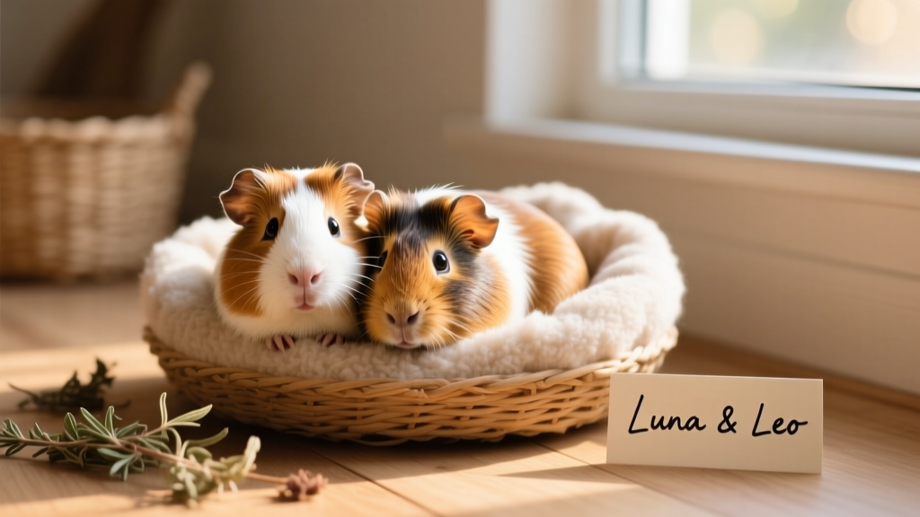 A pair of friendly-looking guinea pigs snuggling together in soft bedding