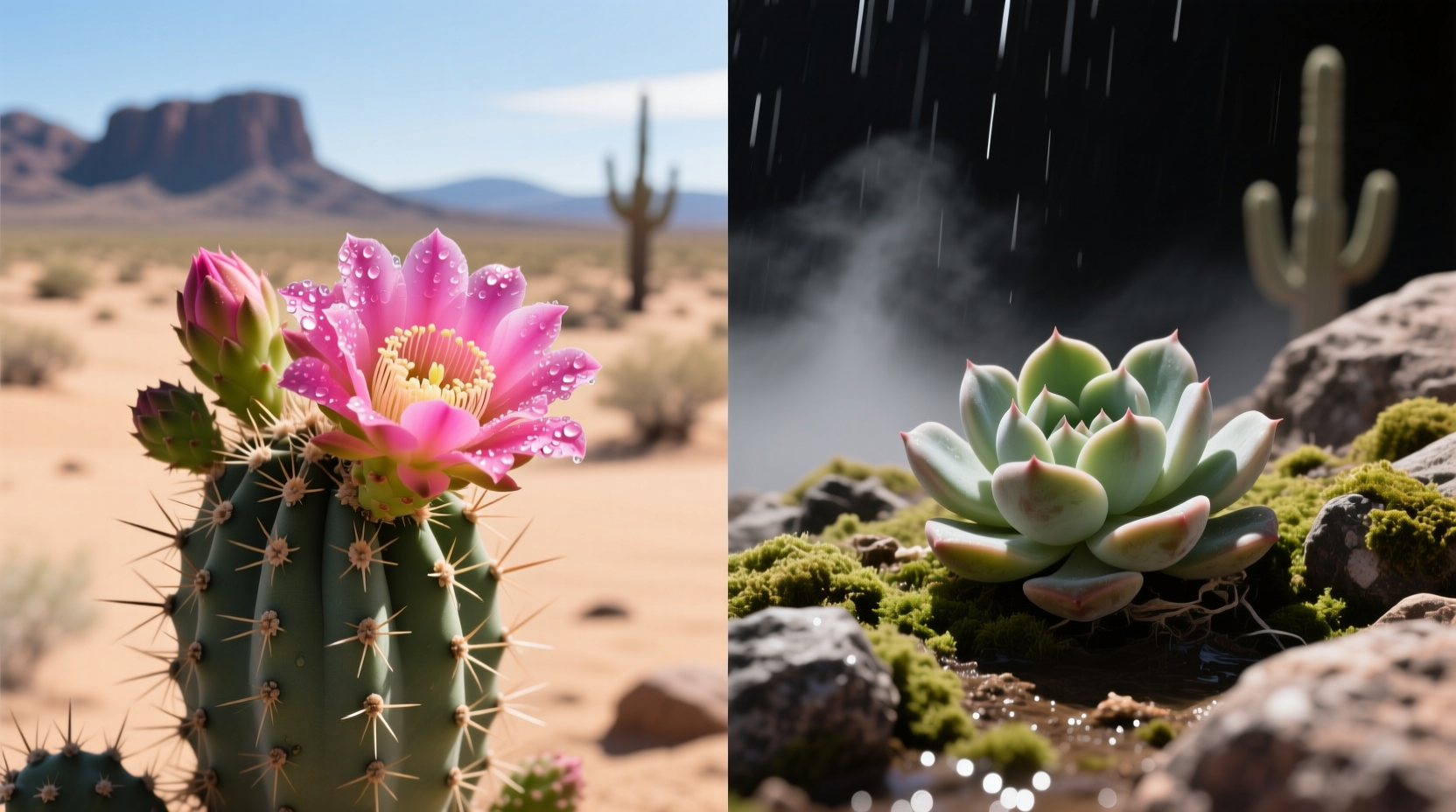 Summer-active cactus blooming in Sonoran Desert vs dormant succulent in monsoon season