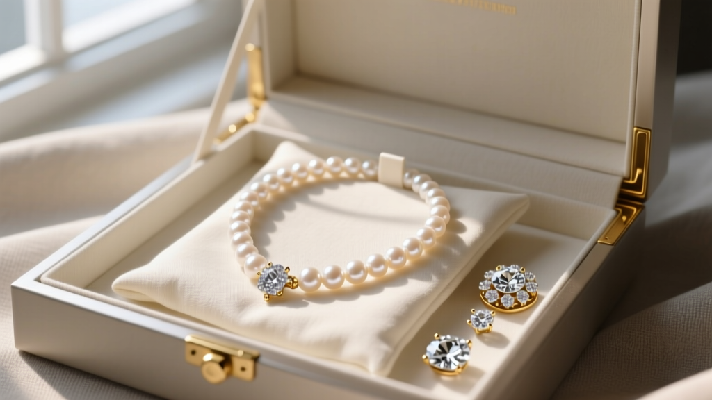 Jewelry box interior showing a pearl necklace laid flat in a soft linen pouch, separated from diamond and gold pieces.
