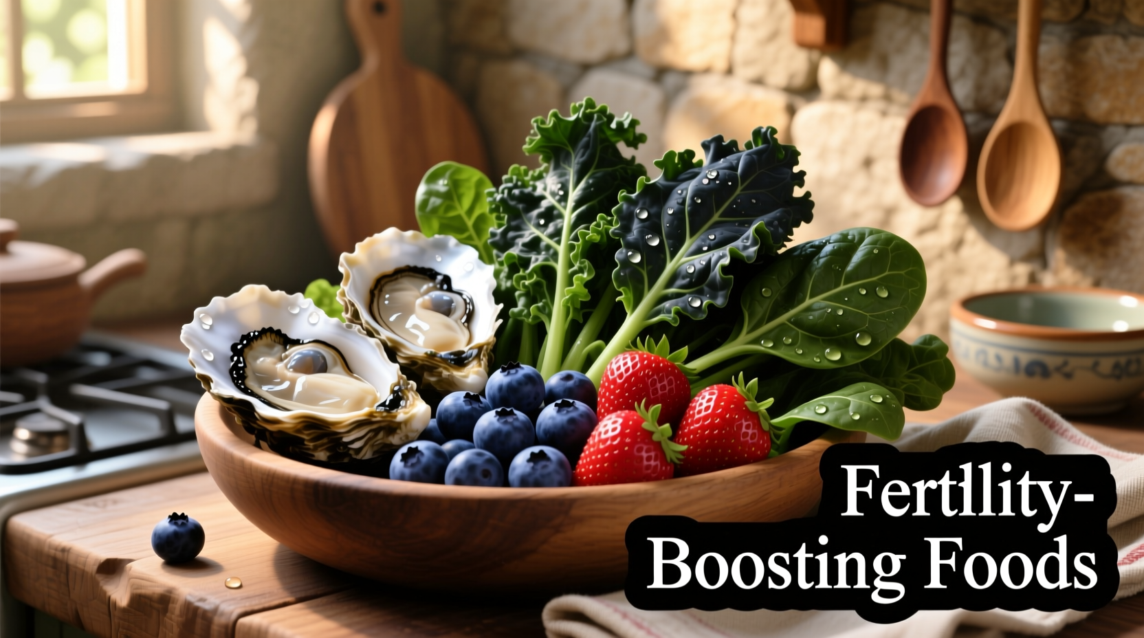 Nutrient-rich foods for male fertility including oysters, berries, and leafy greens