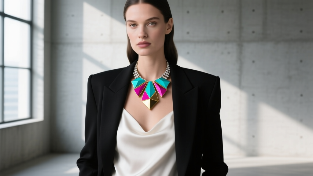 Model wearing a structured black blazer over a white silk camisole, layered with a bold, colorful Heidi Daus bib necklace.