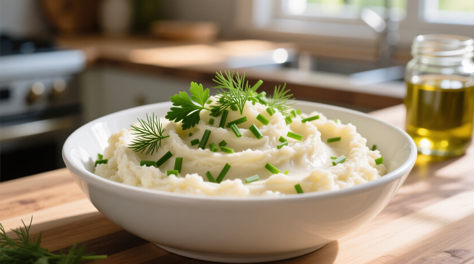 Cauliflower mash in white bowl with fresh herbs
