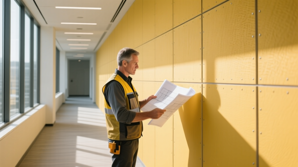 Commercial hallway lined with yellow-faced abuse-resistant gypsum board panels being inspected by a contractor holding a blueprint