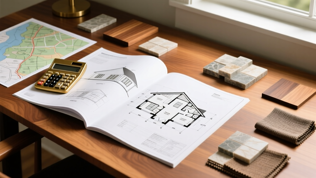 Architectural blueprints for a 1500 sqft ranch home spread over a wooden desk with a calculator, regional map, and material samples