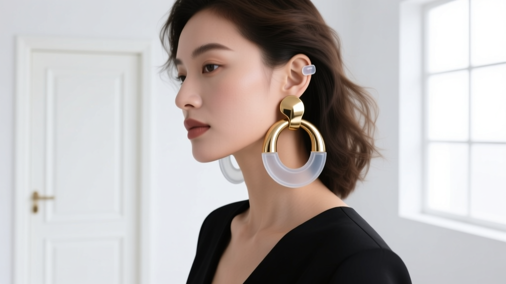 Woman wearing a heavy door knocker earring with a clear silicone earlobe patch to ensure even weight distribution and comfort.