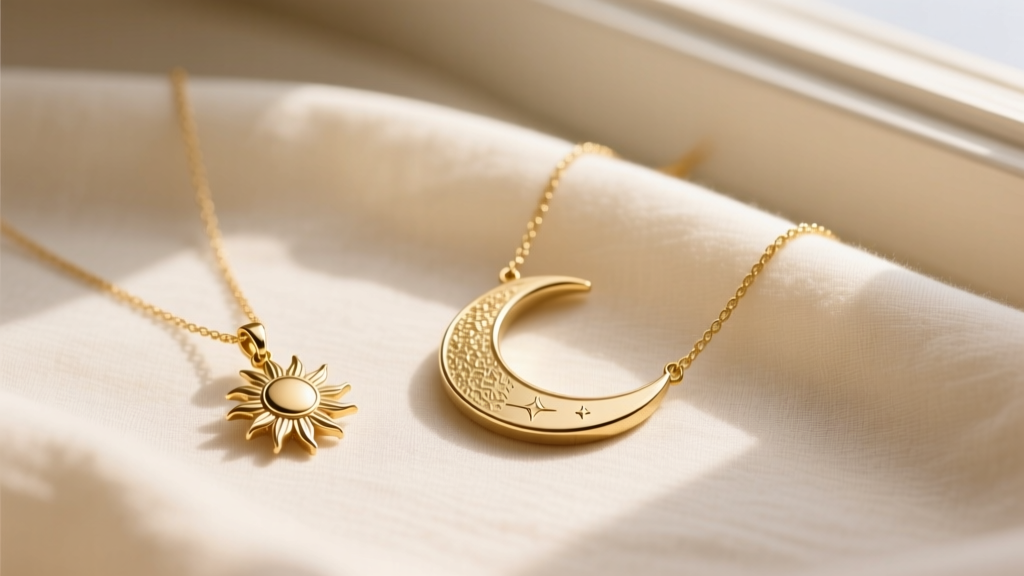 Flat lay of two delicate 14k gold necklaces, a small sun pendant and larger moon pendant, resting on soft cream linen fabric