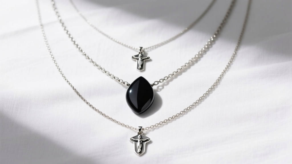A flat lay of three layered protective necklaces of varying lengths, including an obsidian point and a silver St. Christopher medal, on white linen