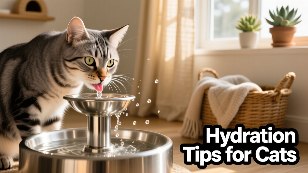 Close-up of a cat gently licking water from a stainless-steel fountain