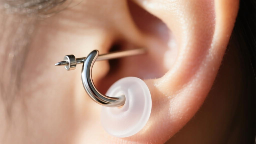 Macro photo of a 10-gauge titanium ear piercing hook supporting a heavy earring, featuring a clear silicone lobe support patch.