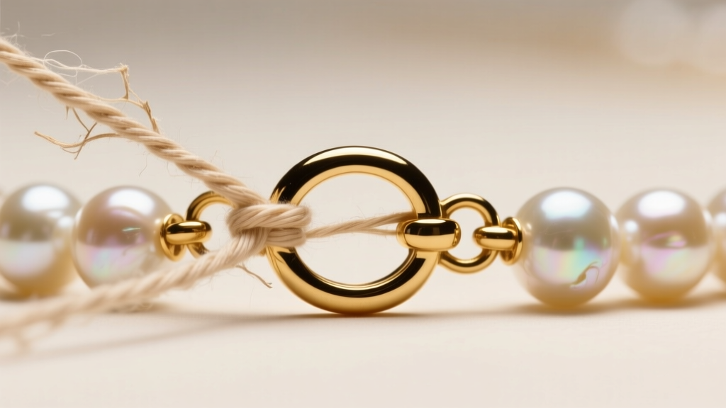 Macro shot of frayed beige silk thread pulling through a gold clasp of a pearl choker, highlighting the need for restringing