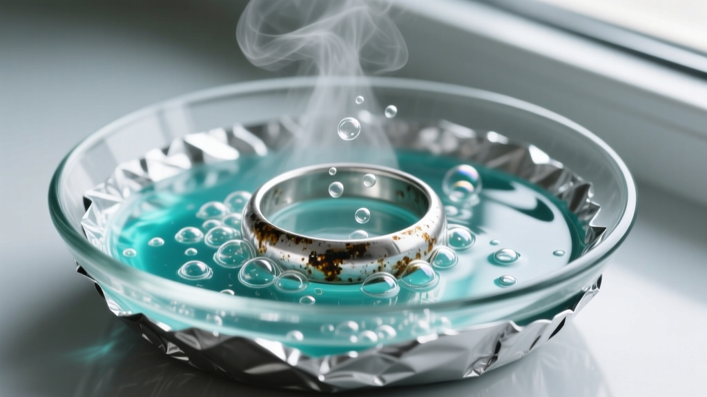 Foil-lined glass dish holding hot water and a submerged tarnished silver ring during an active electrolytic silver cleaning process.