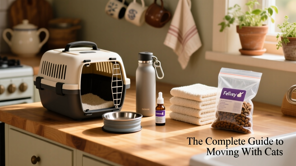 A neatly packed travel kit for a cat: carrier, food bowl, water bottle, calming spray, litter pads, and a small bag of food arranged on a countertop