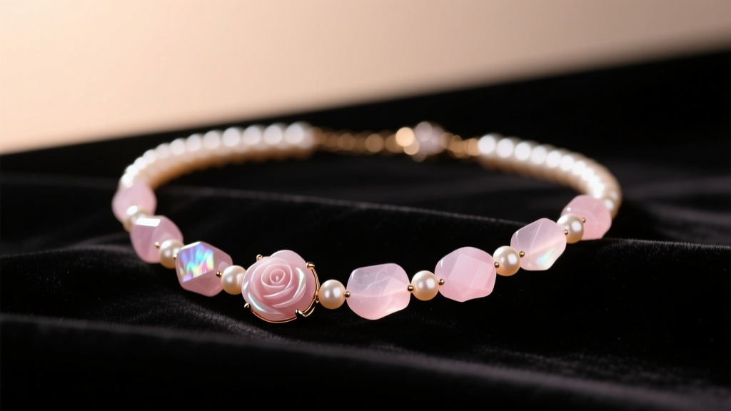 Close-up of a rose quartz and pearl necklace resting on dark velvet, soft studio lighting highlighting the nacre and pink stone.