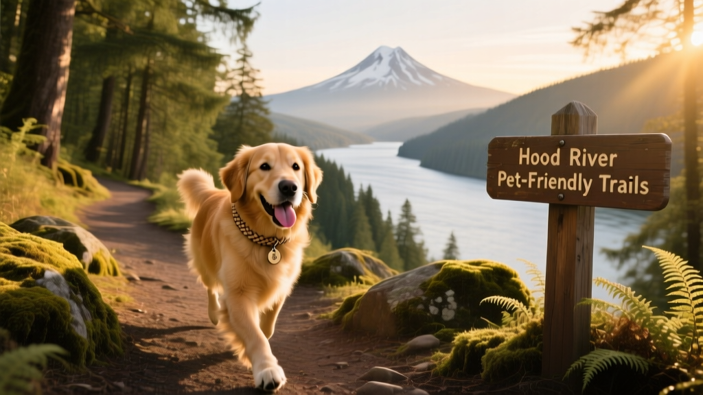 A happy dog on a scenic trail overlooking the Columbia River Gorge, with Mount Hood in the distance