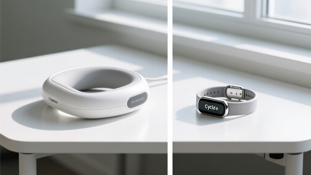 Side-by-side comparison of a smart pelvic floor trainer and a cycle-tracking bracelet displayed on a clean white desk.