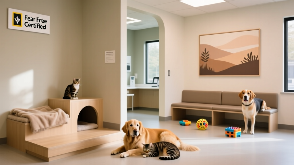 A serene waiting area with separate zones for cats and dogs, soft lighting, and calming wall art