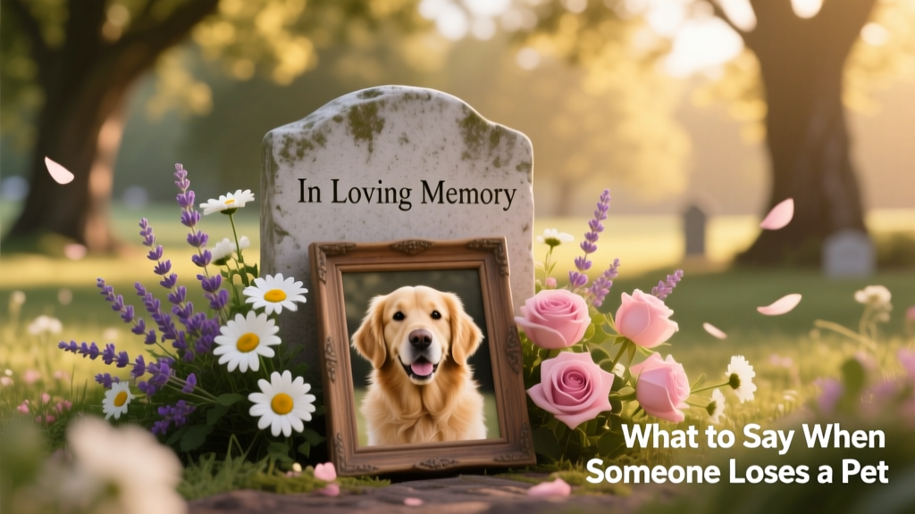 A serene outdoor memorial setup: a small engraved stone labeled 'In Loving Memory', surrounded by fresh flowers and a framed photo of a golden retriever
