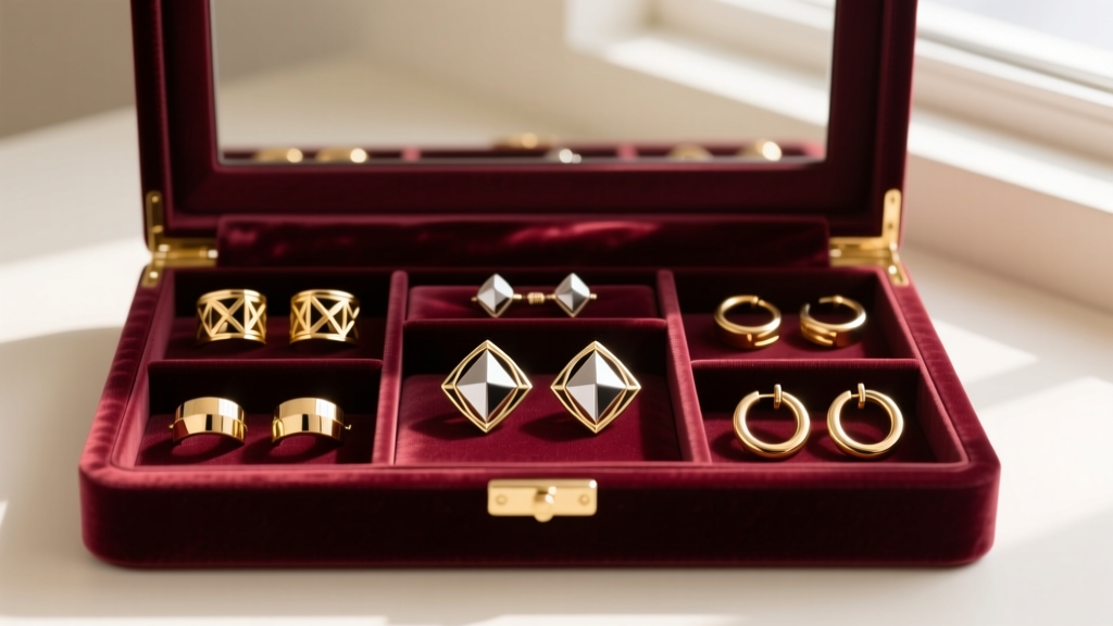 A velvet-lined jewelry box with individual compartments storing polished gold and titanium Panacea ear cuffs and huggies.