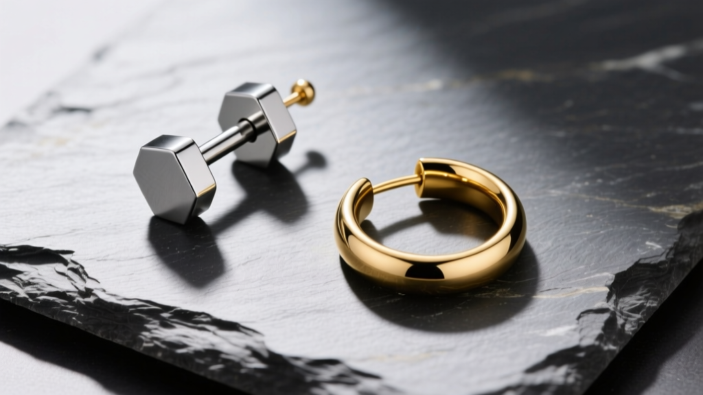 Flat lay of titanium and 18k gold mens earrings on slate, featuring an industrial barbell and seamless hoops, crisp lighting.