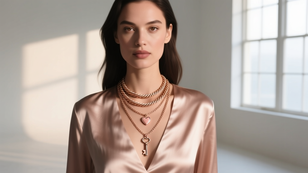 Woman wearing layered 18-inch cable and 16-inch rope chains, featuring small rose gold heart and key pendants against silk.