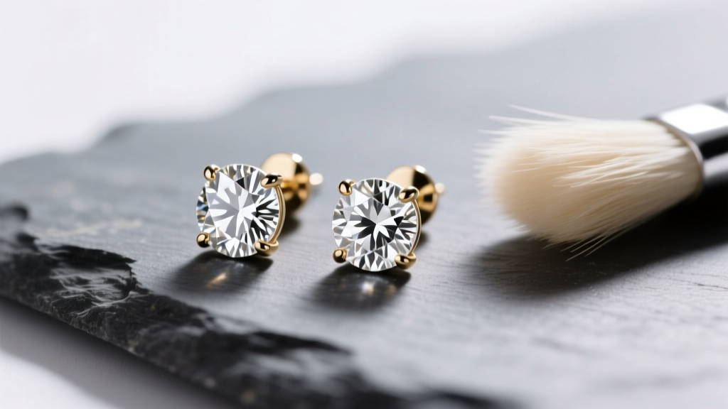 Macro shot of white gold diamond stud earrings on slate, soft brush nearby, bright studio lighting highlighting the stone facets.