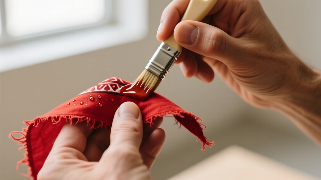 Close-up of hands using a specialized fabric sealant on the raw cut edge of a red cotton bandana to prevent fraying