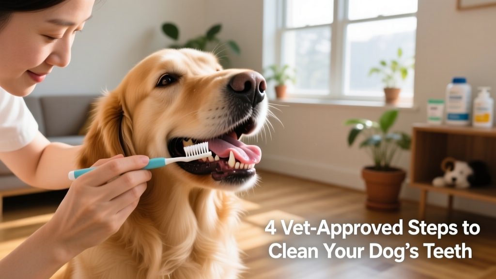 Owner calmly lifting a dog's lip to expose teeth and gums during a gentle brushing session