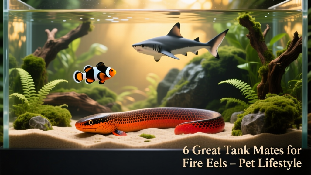 A well-planted 125-gallon aquarium featuring a Fire Eel resting near the substrate, with a clown loach and bala shark swimming calmly above