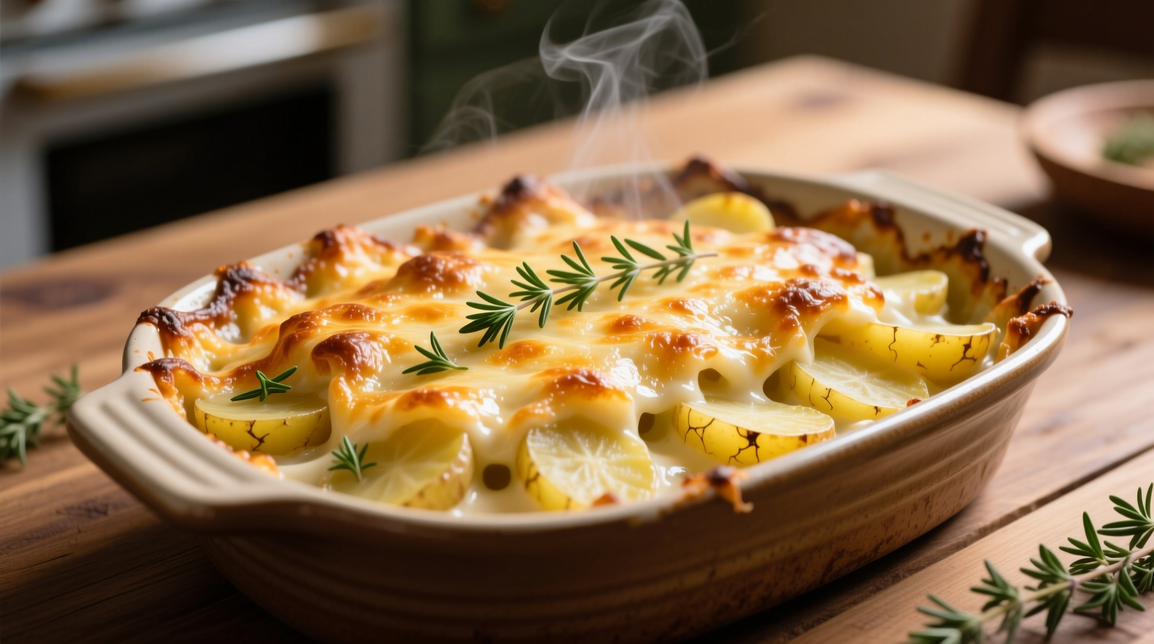 Golden potato gratin with melted cheese crust