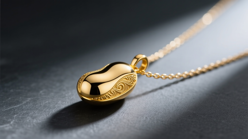 Close-up of a polished 18k yellow gold bean pendant resting on a delicate 1.2mm box chain against a dark slate background.