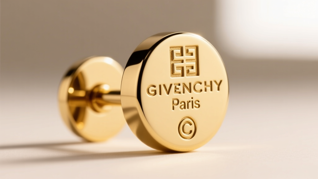 Extreme close-up of the back of a Givenchy earring post showing the laser-engraved Givenchy Paris hallmark and copyright symbol