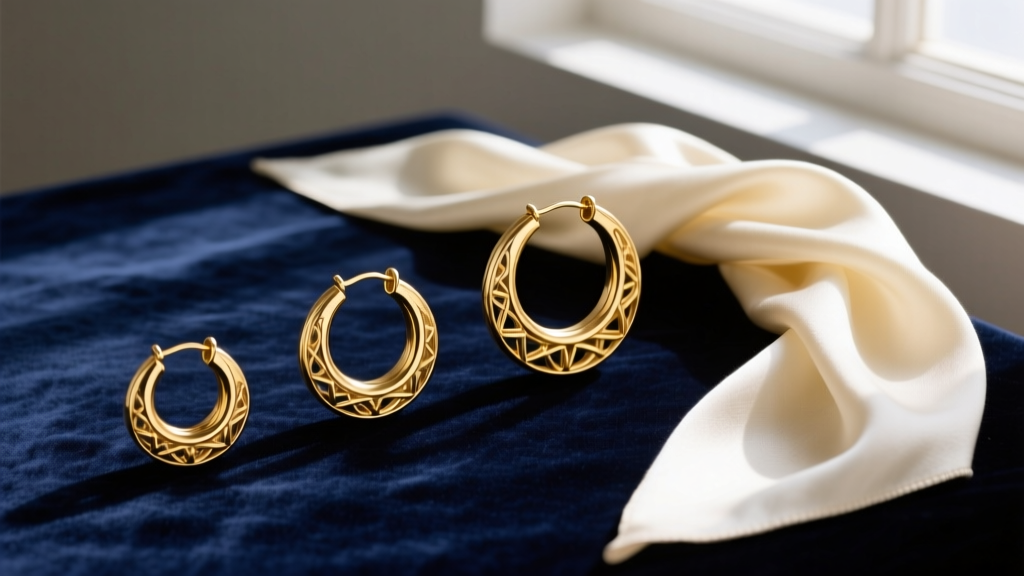 Flat lay of three vintage gold hoop earrings from 30mm to 70mm, arranged on dark velvet next to a folded silk scarf