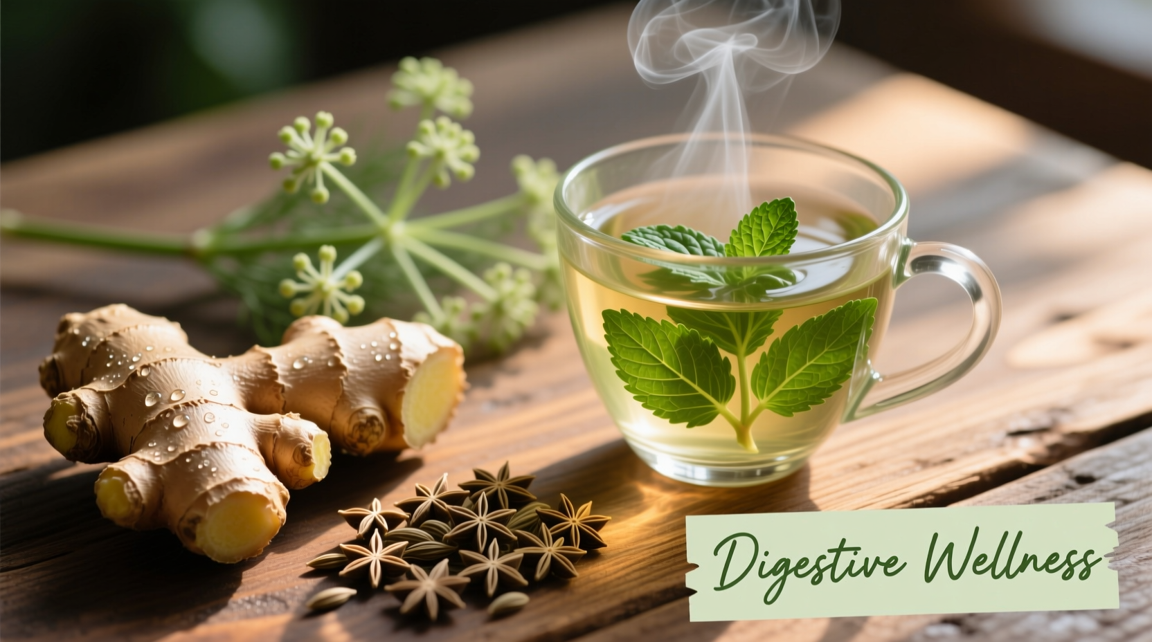 Fresh ginger, fennel seeds, and peppermint tea for digestion