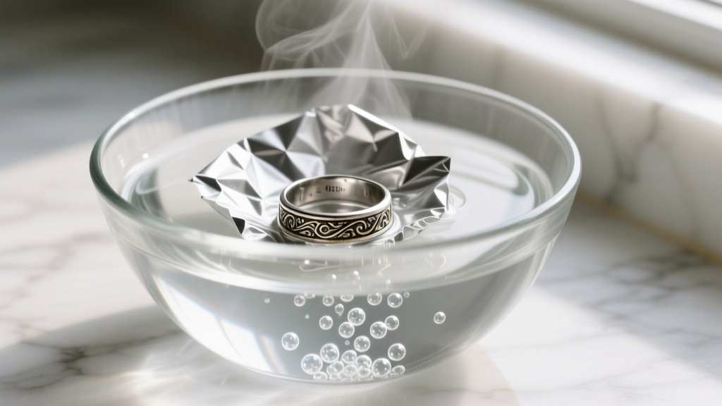 Glass bowl with foil, hot water, and washing soda, showing a tarnished silver ring with tiny electrolysis bubbles.