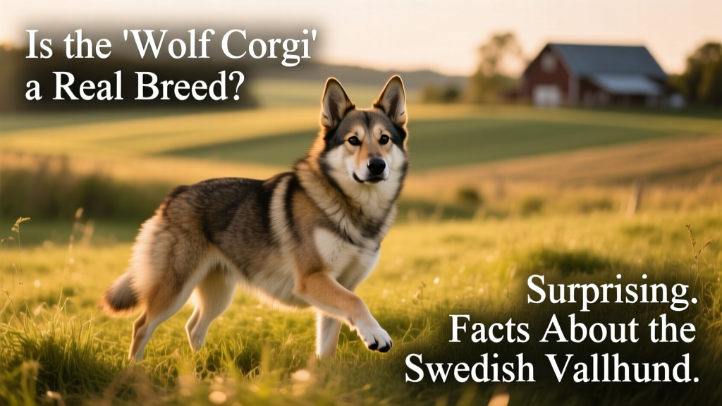 A Swedish Vallhund standing alert on grassy farmland, showcasing its low-set body and upright ears