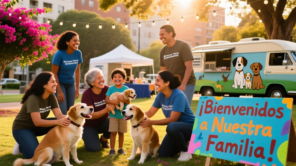 Diverse group of volunteers smiling alongside dogs at an outdoor adoption event hosted by a Latinx-run rescue