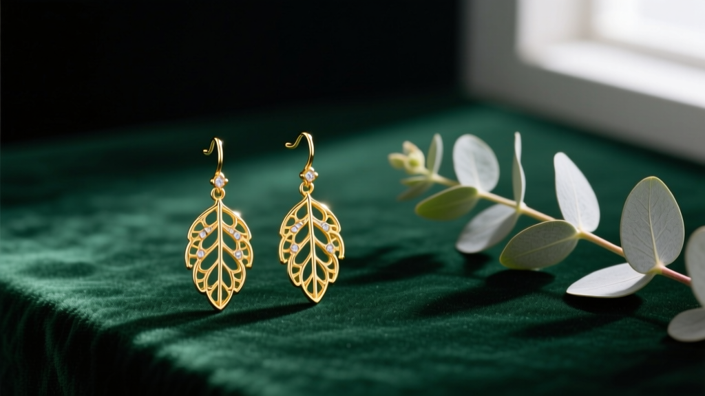 Flat lay of 14k gold leaf drop earrings on dark green velvet beside a sprig of baby