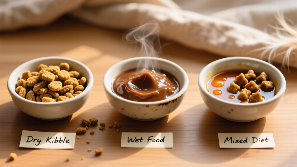 Side-by-side comparison of three cat food bowls—one with dry kibble, one with wet food, and one with a mix—highlighting variety and freshness