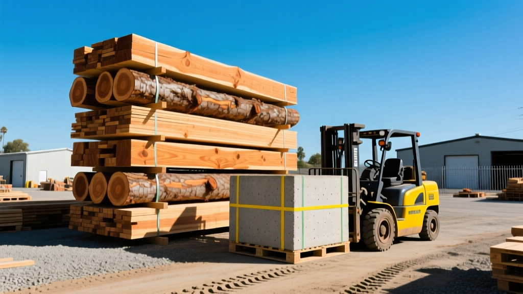 Stacked Douglas fir framing lumber and a forklift moving concrete pallets at a busy building supply yard in Pomona California.