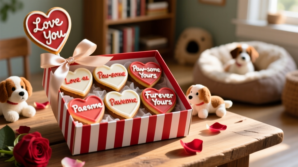 A festive arrangement of finished Valentine's dog treats in a red-and-white gift box tied with ribbon